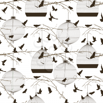 Vector seamless pattern with birds and cages