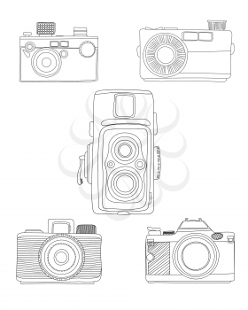 Doodle analog cameras over whitebakcogruns, hand drawn vector