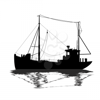 Fishing ship silhouette over white background