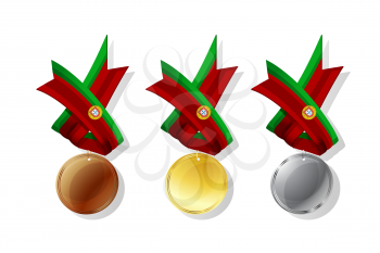 Portuguese medals in gold, silver and bronze with national flag. Isolated vector objects over white background