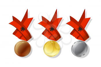 Albanian medals in gold, silver and bronze with national flag. Isolated vector objects over white background