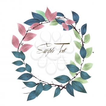 Watercolor round wreath of colored leaf twigs with copy space over white background