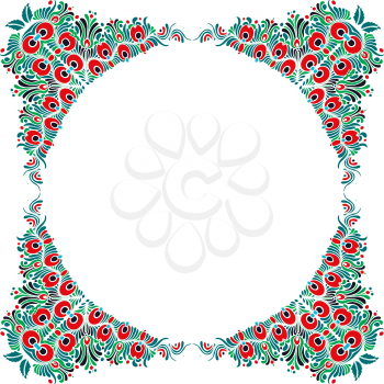 Hungarian folk style floral frame over white background with copy space