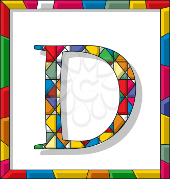 Stained glass letter D over white background, framed vector