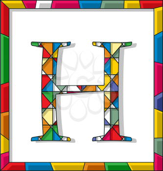 Stained glass letter H over white background, framed vector