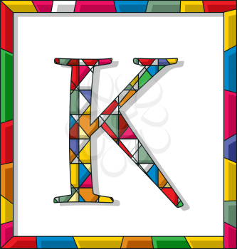 Stained glass letter K over white background, framed vector