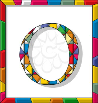 Stained glass letter O over white background, framed vector