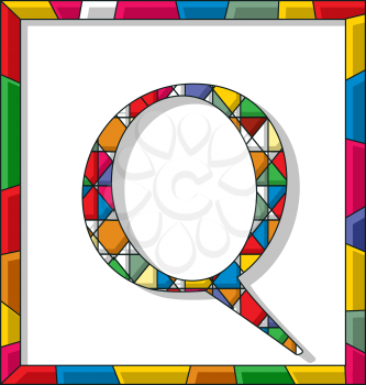 Stained glass letter Q over white background, framed vector