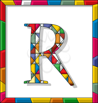 Stained glass letter R over white background, framed vector