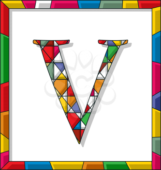 Stained glass letter V over white background, framed vector