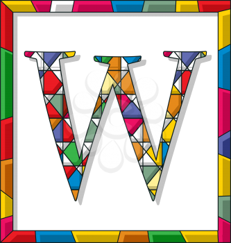 Stained glass letter W over white background, framed vector