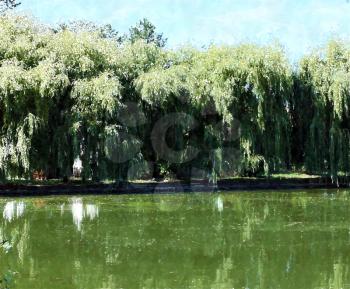 Beautiful landscape with willow trees by the water, watercolor style background