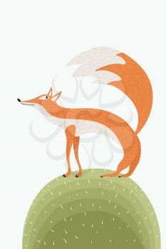Cute fox on the green, vector illustration