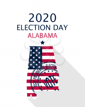 2020 United States of America Presidential Election Alabama vector template.  USA flag, vote stamp and Alabama silhouette