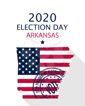 2020 United States of America Presidential Election Arkansas vector template.  USA flag, vote stamp and Arkansas silhouette