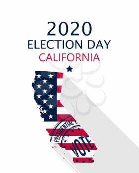 2020 United States of America Presidential Election California vector template.  USA flag, vote stamp and California silhouette