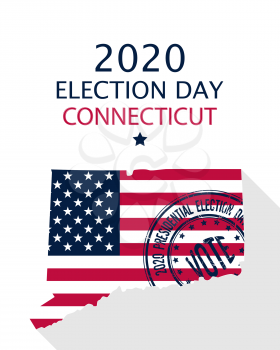 2020 United States of America Presidential Election Connecticut vector template.  USA flag, vote stamp and Connecticut silhouette