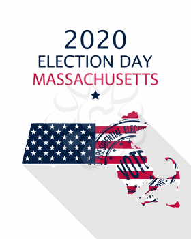 2020 United States of America Presidential Election Massachusetts vector template.  USA flag, vote stamp and Massachusetts silhouette