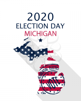 2020 United States of America Presidential Election Michigan vector template.  USA flag, vote stamp and Michigan silhouette
