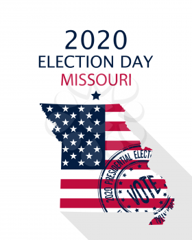 2020 United States of America Presidential Election Missouri vector template.  USA flag, vote stamp and Missouri silhouette