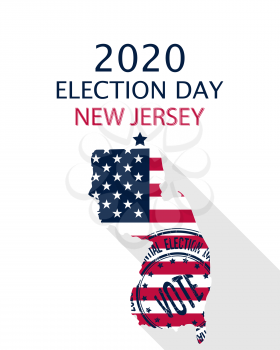 2020 United States of America Presidential Election New Jersey vector template.  USA flag, vote stamp and New Jersey silhouette