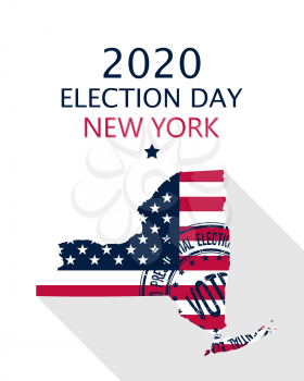2020 United States of America Presidential Election New York vector template.  USA flag, vote stamp and New York silhouette