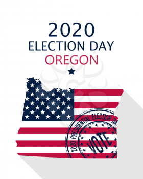 2020 United States of America Presidential Election Oregon vector template.  USA flag, vote stamp and Oregon silhouette