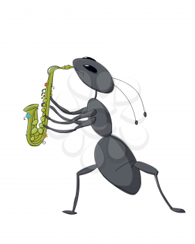 Cute ant playing saxophone, vector cartoon sketch over white