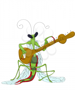 Praying Mantis playing sitar, vector cartoon sketch over white