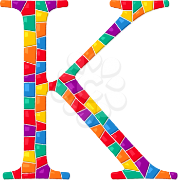 Letter K vector mosaic tiles composition in colors over white background