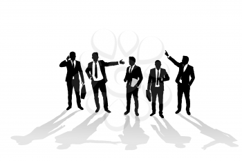 Various business man silhouettes over white background