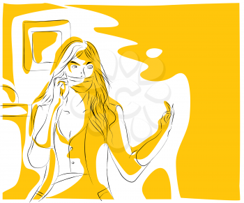 Woman with medical mask on the phone, vector sketch