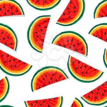 Seamless pattern design with fresh watermelon slices over white background in watercolors