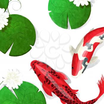 Watercolor style drawing with koi fish and white lotus flowers over white background
