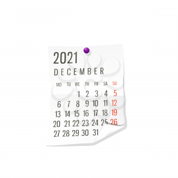 2021 Calendar on white paper, December. Editable vector over white background