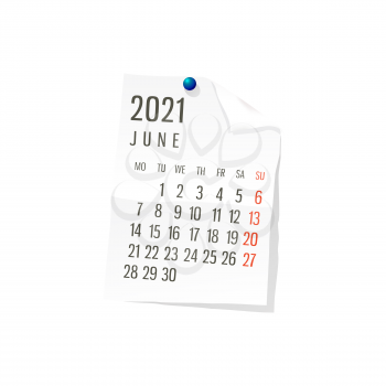2021 Calendar on white paper, June. Editable vector over white background