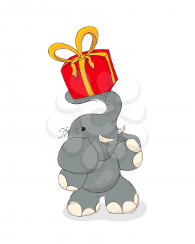 Elephant with gift box, vector cartoon character over white background. Happy birthday template.