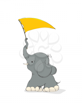 Cute baby elephant is waving a flag, isolated vector cartoon over white background