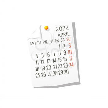 2022 Calendar on white paper, April. Editable vector over white background