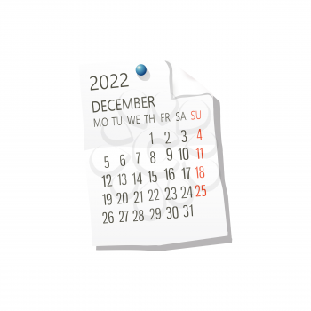 2022 Calendar on white paper, December. Editable vector over white background