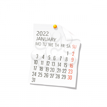 2022 Calendar on white paper, January. Editable vector over white background