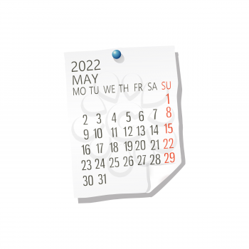 2022 Calendar on white paper, May. Editable vector over white background