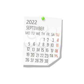 2022 Calendar on white paper, September. Editable vector over white background