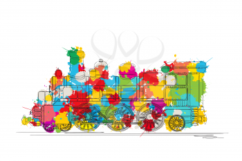 Steam locomotive sketch over colored spots