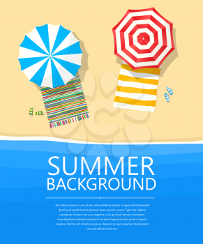 Vector beach card with umbrellas, towels and waves