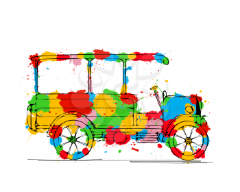 Stylized vintage truck sketch and color splats over white background. Vector illustration