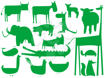 Royalty Free Clipart Image of an Assortment of Animals in Green Silhouette