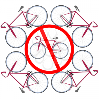 Royalty Free Clipart Image of Red Bicycles Around a No Riding Sign