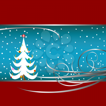 Royalty Free Clipart Image of a Christmas Card With a Tree, Snow and Flourishes