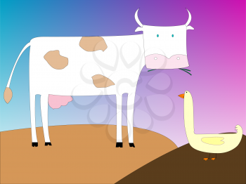 Royalty Free Clipart Image of a Cow and Goose